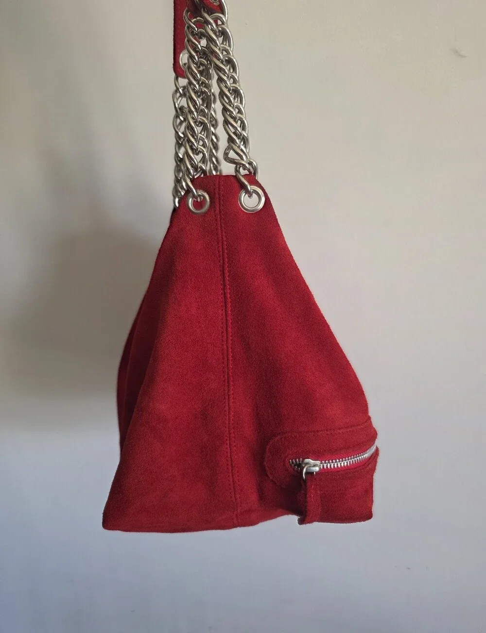 Suede Leather Hobo Bag Chain Strap Red Silver Tone Boho Y2k Western Chic